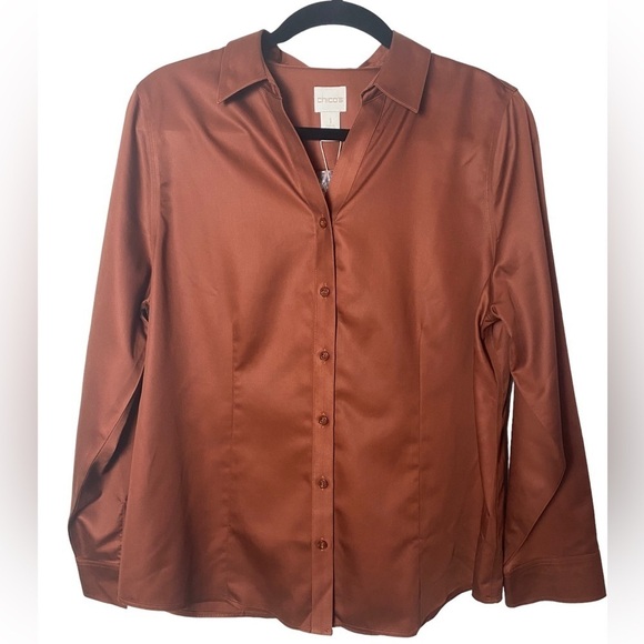 Chico's Stretch No Iron Satten Button Down Top - Picture 1 of 7